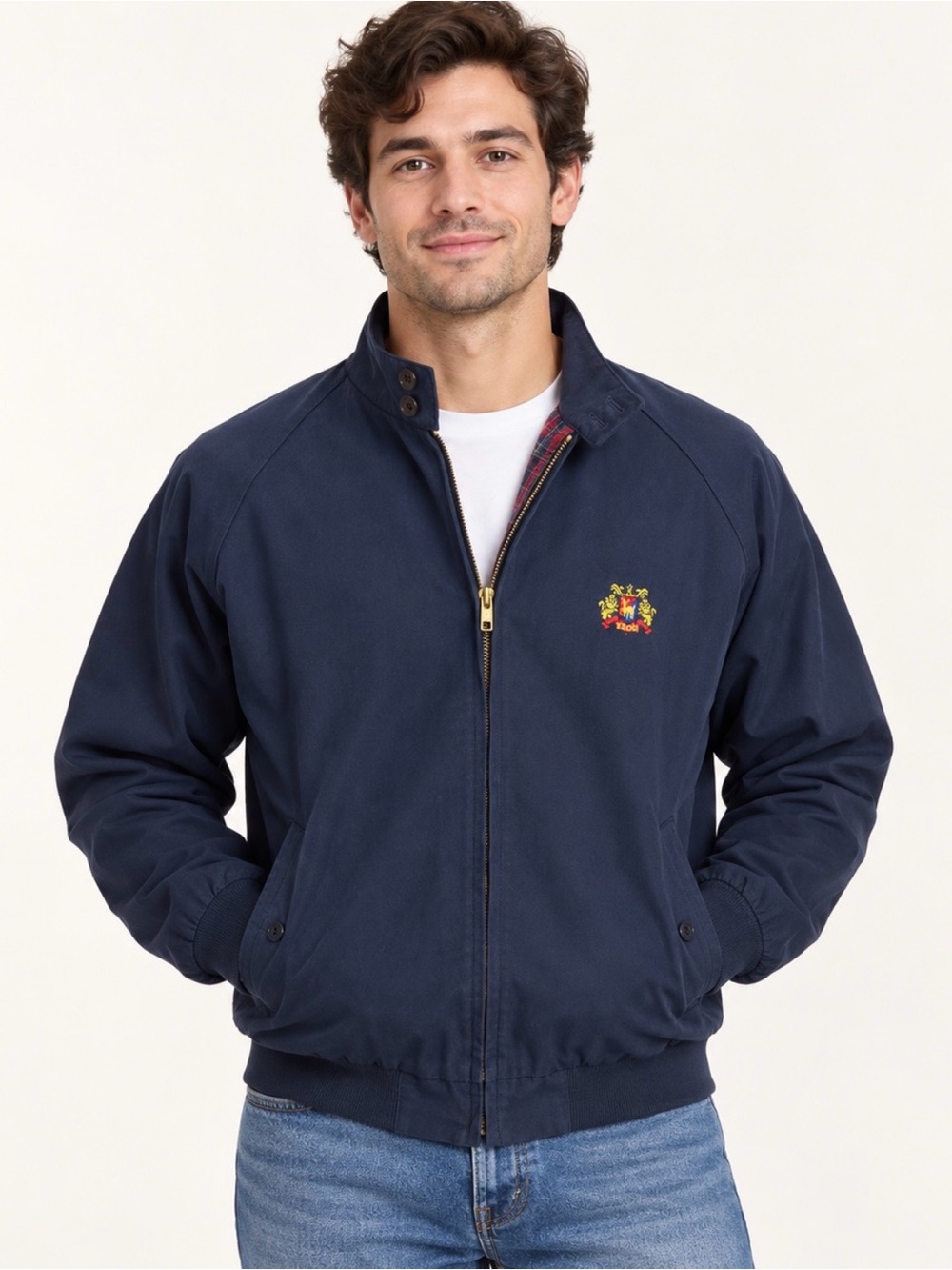 Izod Navy Zip-Front Harrington Jacket with Embroidered Crest 90’s Large